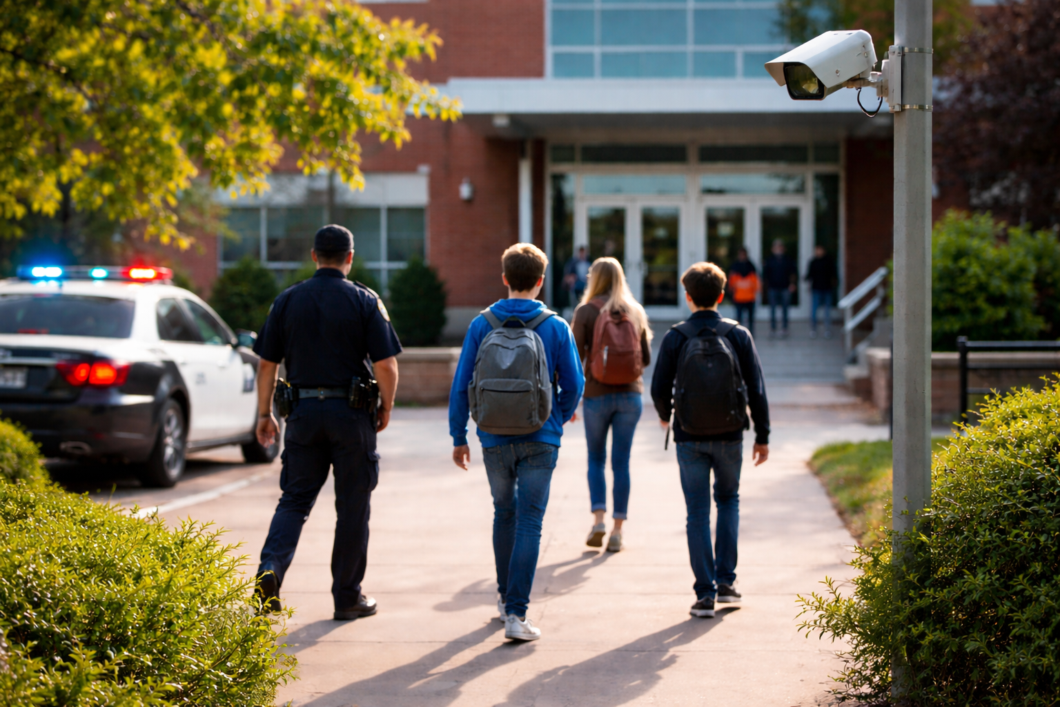 students walking into school with police