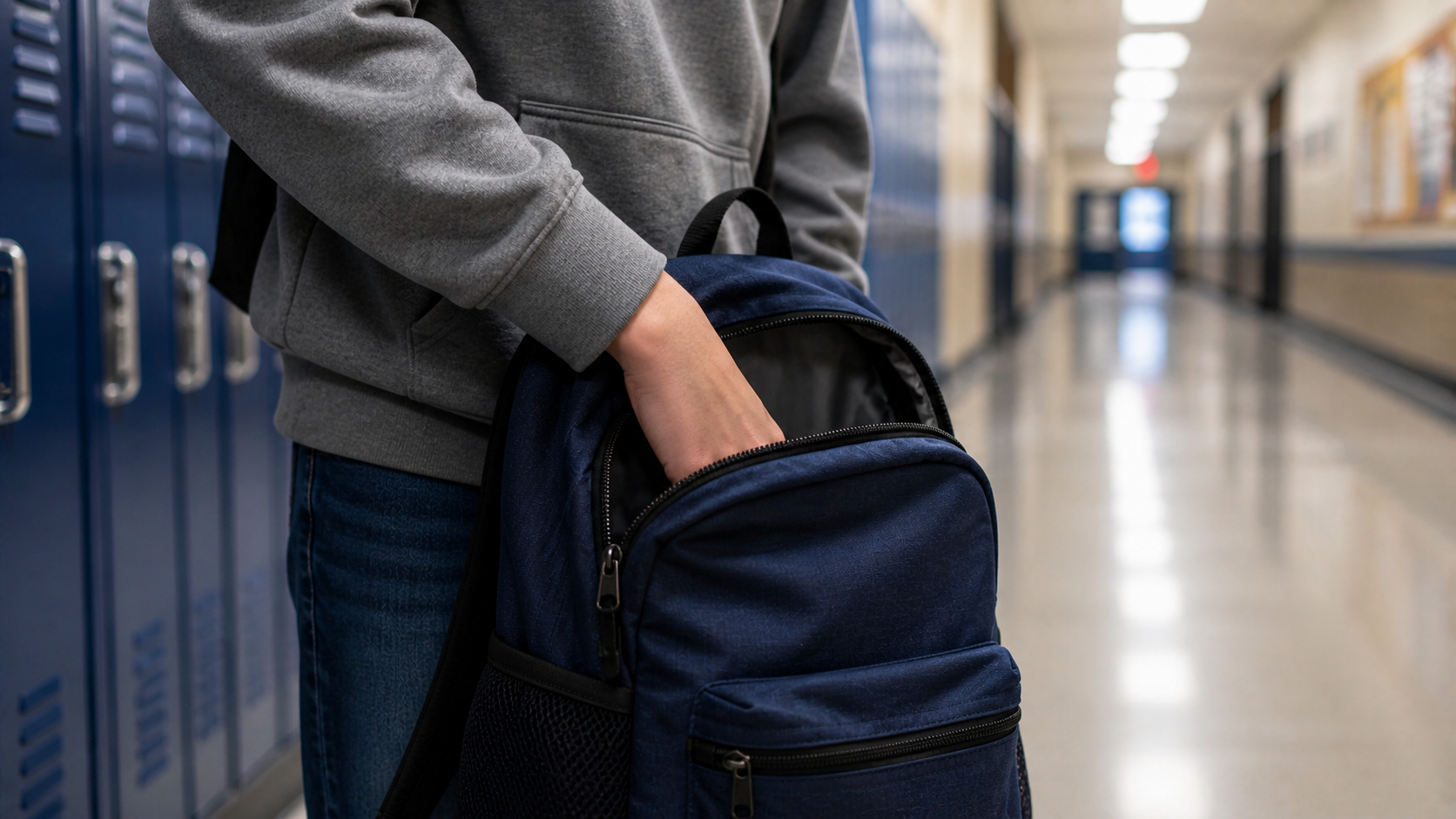 student reaching for something in backpack in the hallway