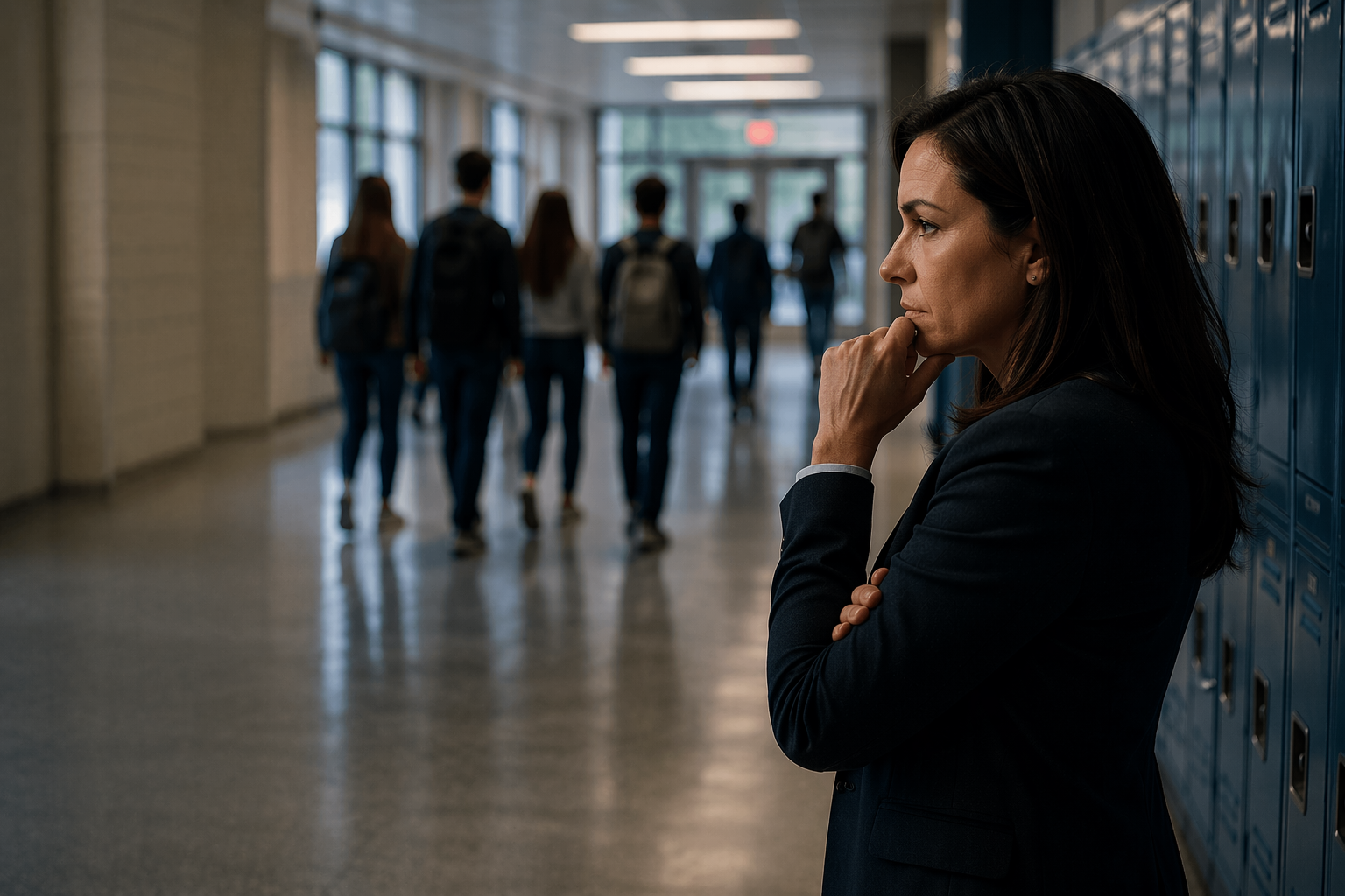 teacher pondering in high school hallway