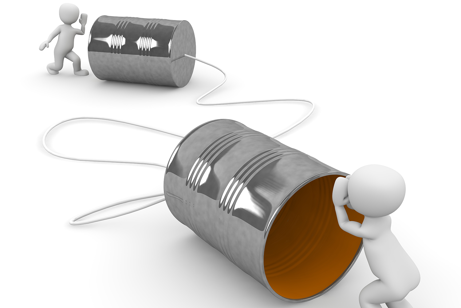 two people talking into tin cans connected with a string