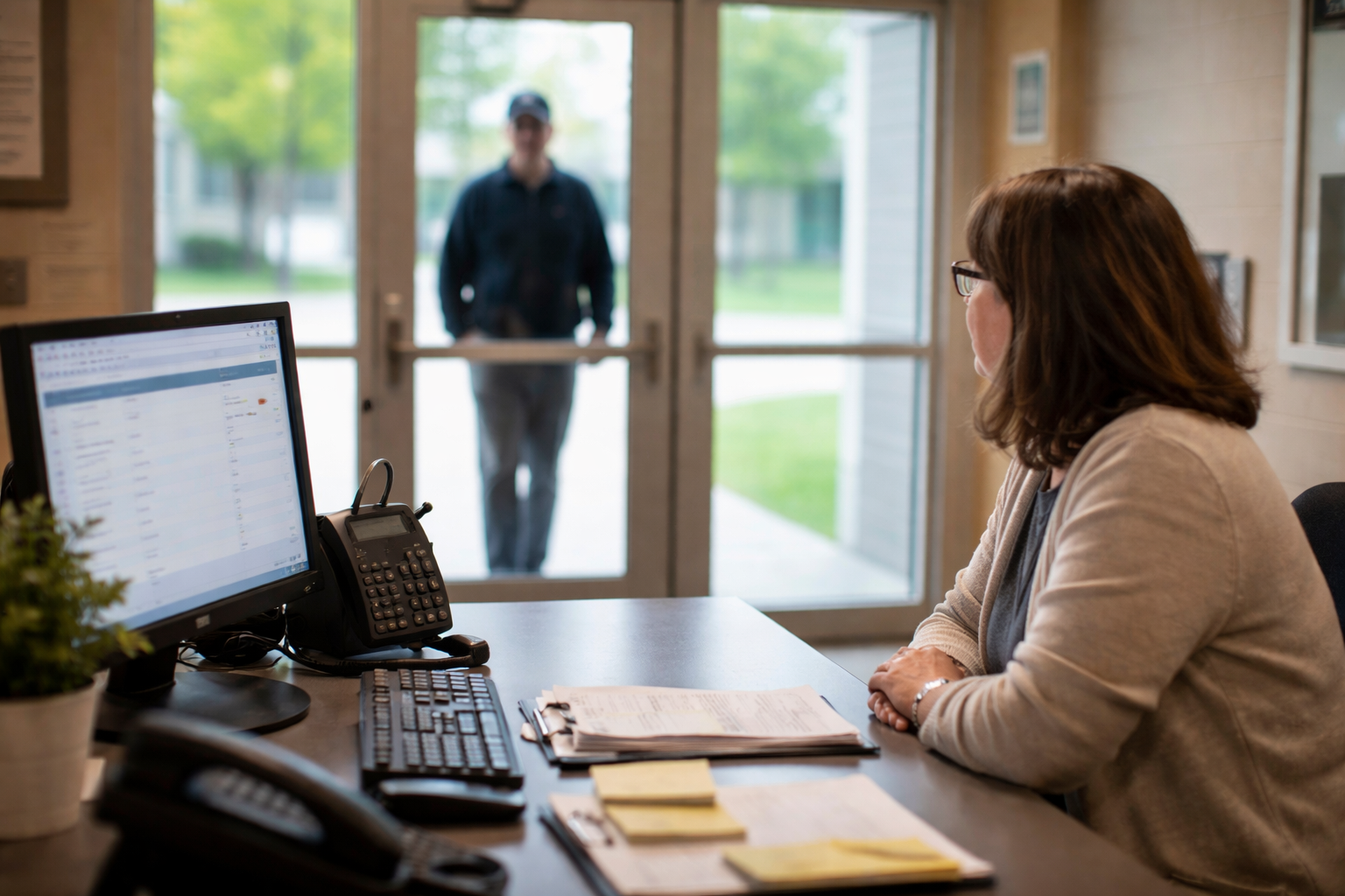 secretary checking credentials of visitor at school