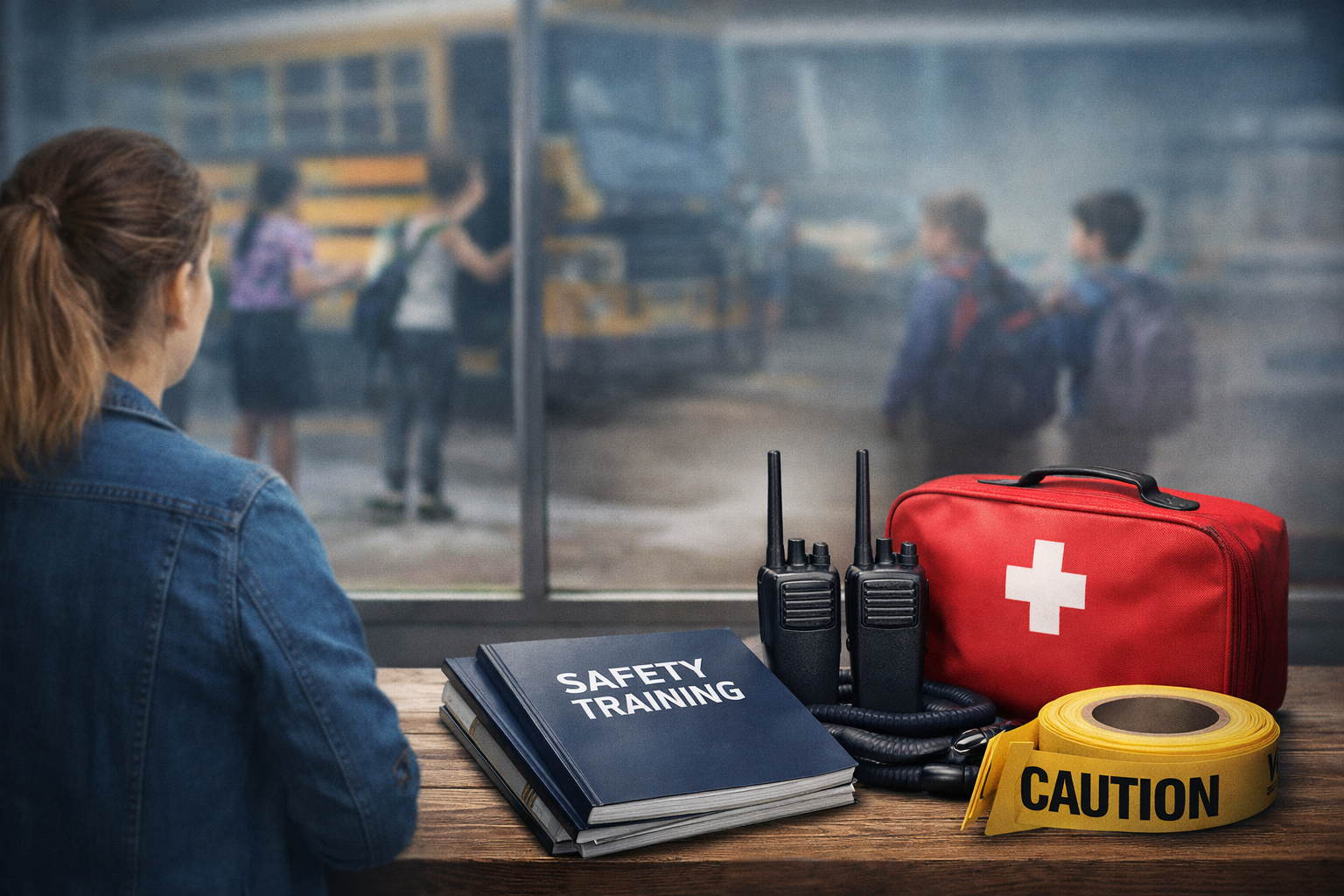 Teacher monitors safety near school bus